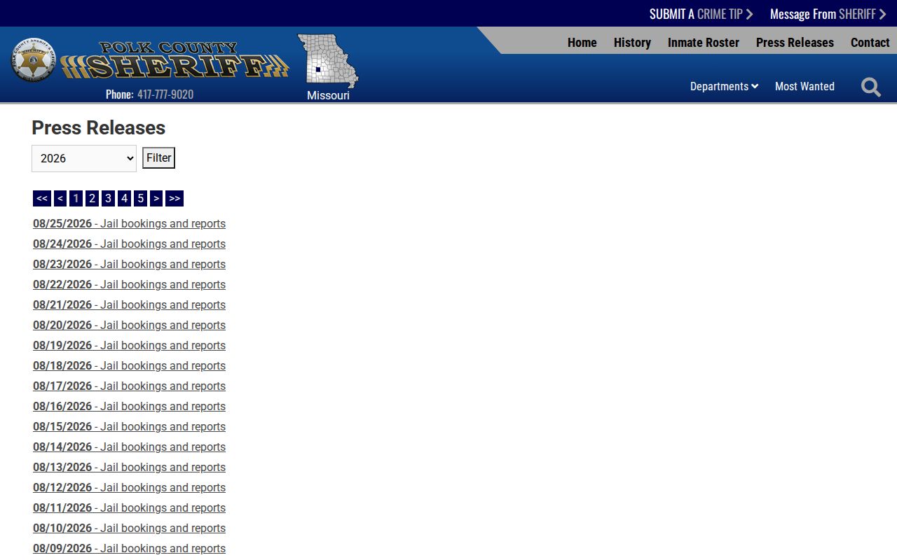 Polk County sheriff daily jail bookings and reports archive