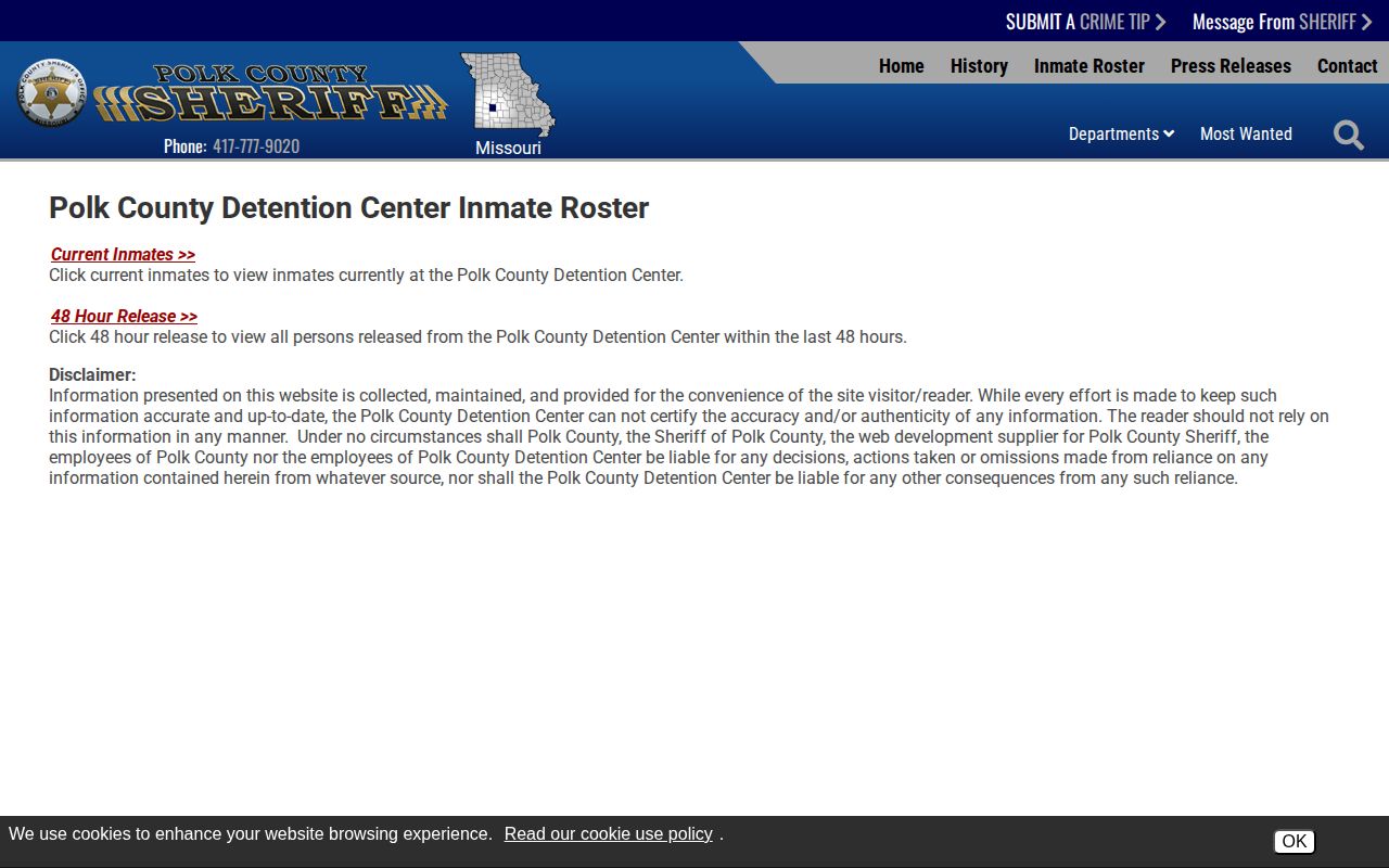 Polk County Detention Center official roster chooser for current and released booking records