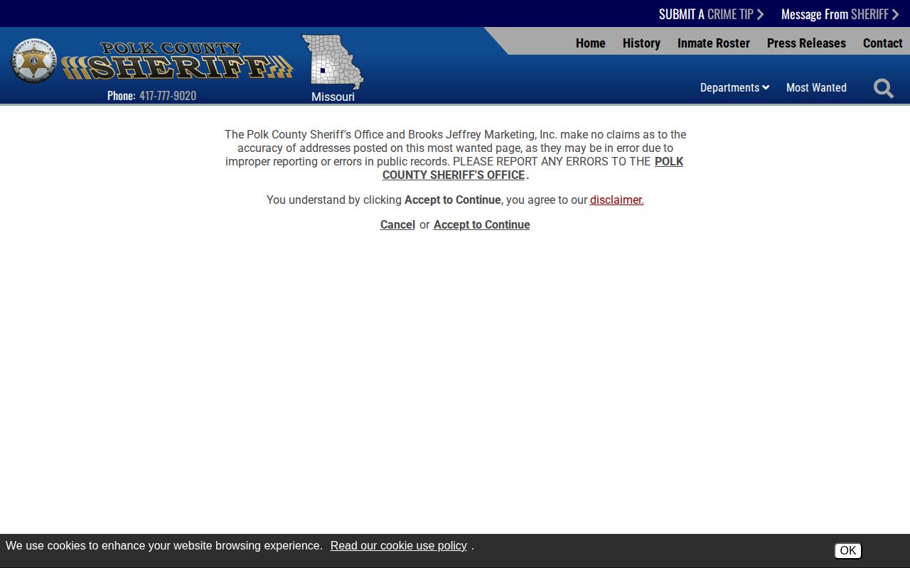Polk County official Most Wanted disclaimer about address accuracy